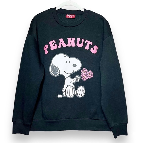Peanuts Snoopy Pullover Sweatshirt Small black graphic crew fleece top flowers - Picture 1 of 11